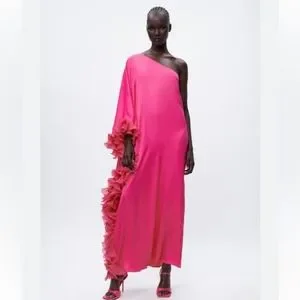 zara pink one shoulder dress Zara Feathered Satin Long Dress: Summer Outfit Inspiration